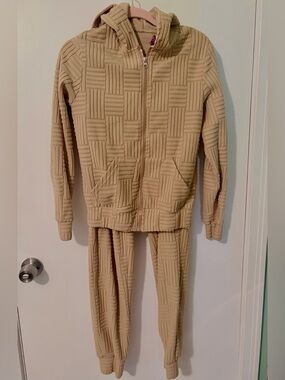 Textured Knit Hooded Zip Jacket & Pants Set - Beige